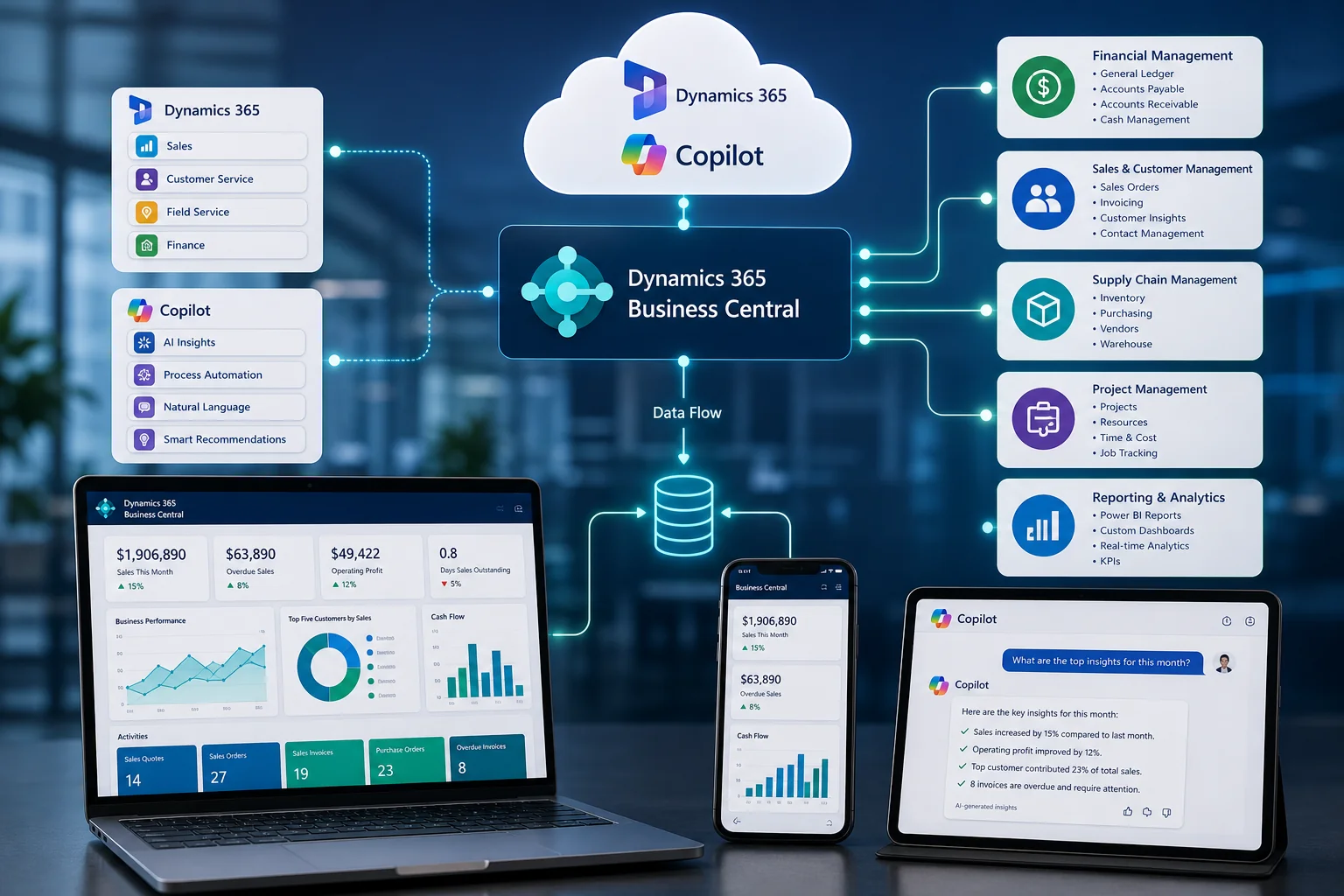 Custom software architecture showing cloud, APIs, ERP integration and business workflows